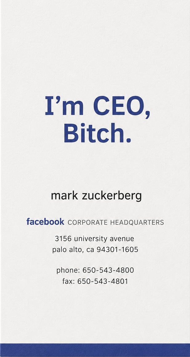 Minimal white and blue CEO business card for Mark Zuckerberg